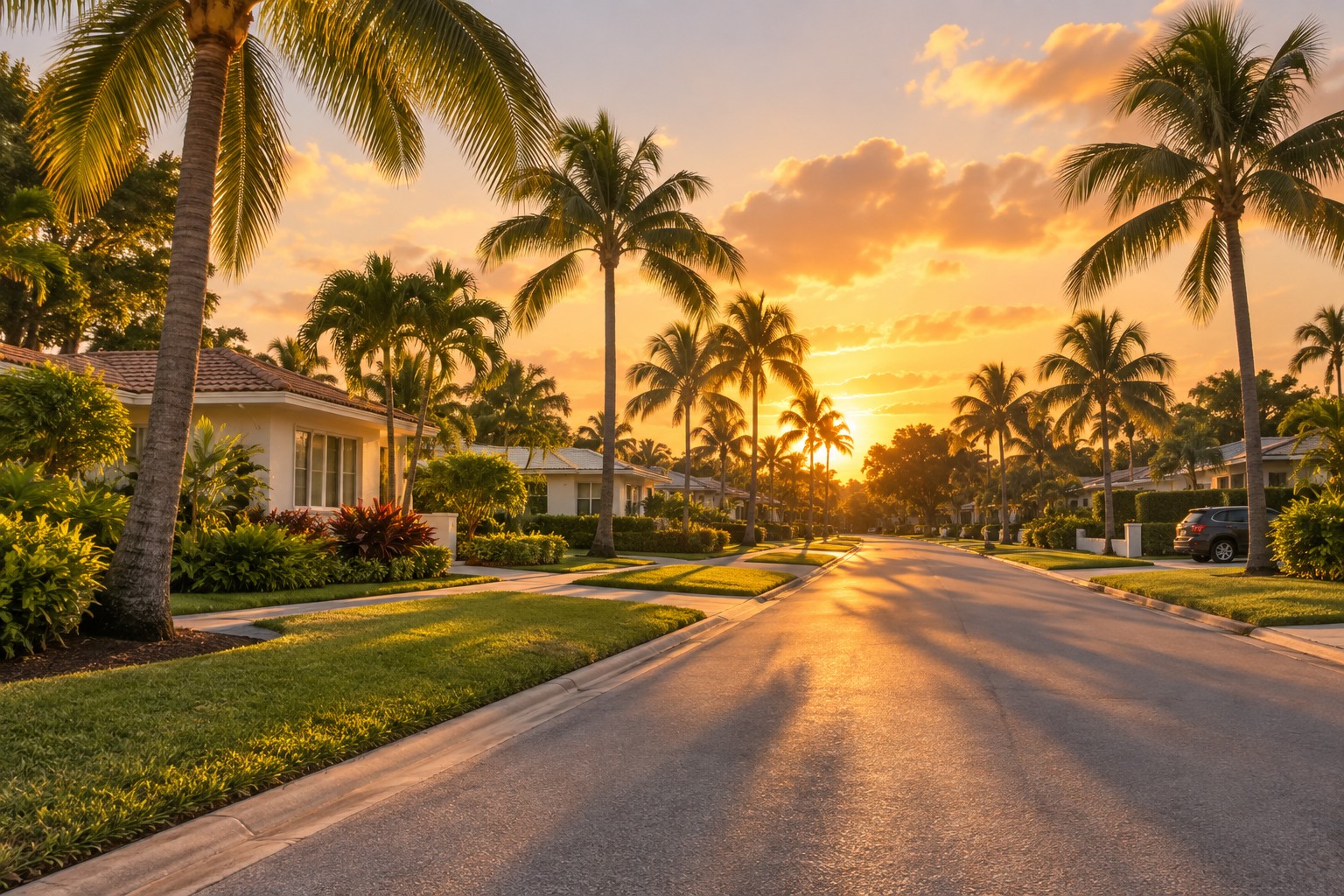 A Fort Lauderdale Florida neighborhood street at golden hour, illustrative