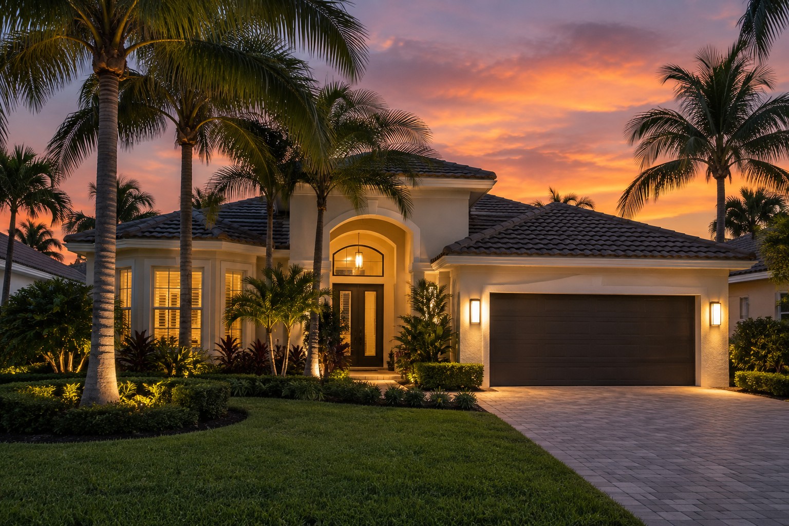A Fort Lauderdale home exterior at dusk, illustrative